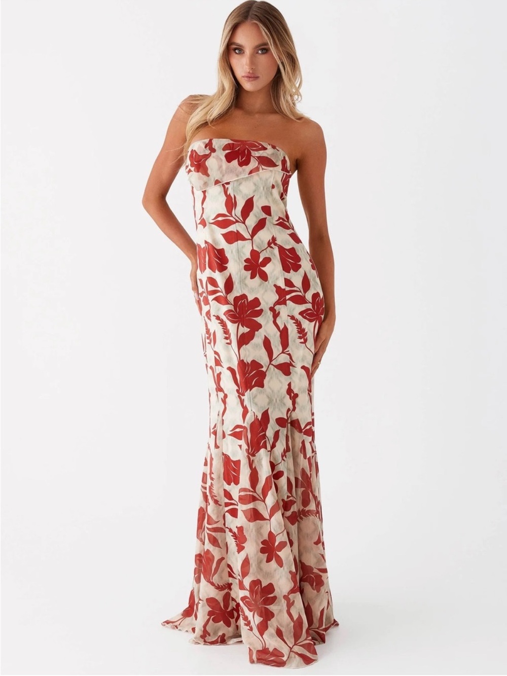 Peppermayo Strapless Red Floral Maxi Dress on Cream